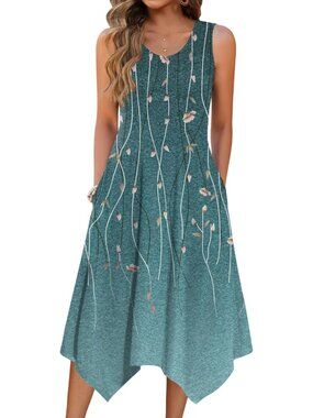 🆕Women's Sea Green Summer Tank Dress Loose Flowy Beach Dress  Flare Midi Dress